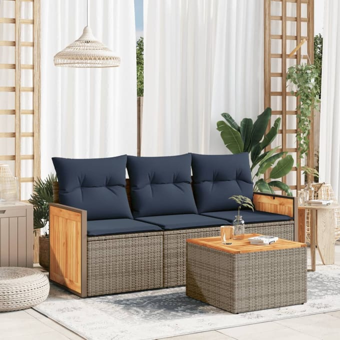 vidaXL - 4-delige - tuinbankset - met - kussens, - grijs - polyrotan
