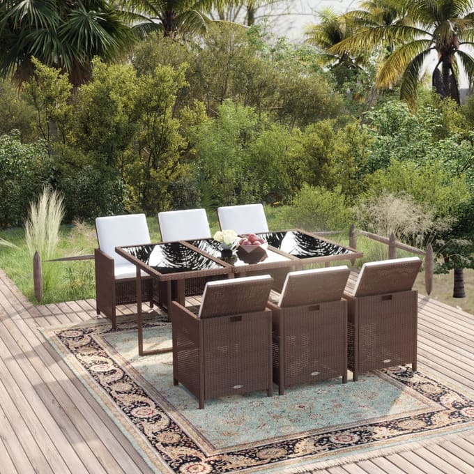 vidaXL - 7-delige - Tuinset - met - kussens - poly - rattan - bruin