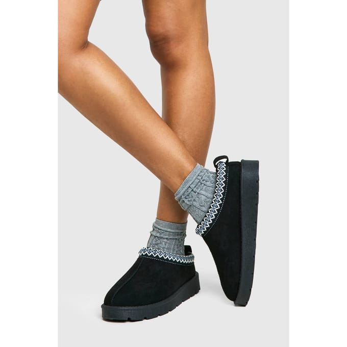 boohoo Dames Geborduurde Gezellige Mules | Black | Maat: 4