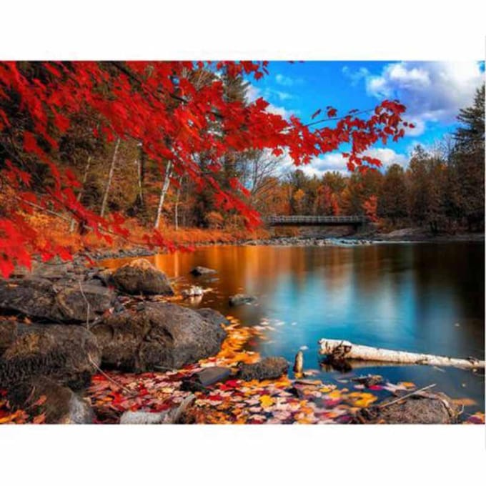 Peinture Diamant Point de Croix Forage Rond Complet Érable d'Automne Rouge Broderie Diamant 20X30CM blue