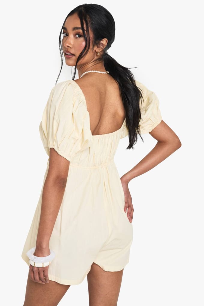 boohoo Dames Cotton Poplin Playsuit met Pofmouwen | Lemon | Maat: 8