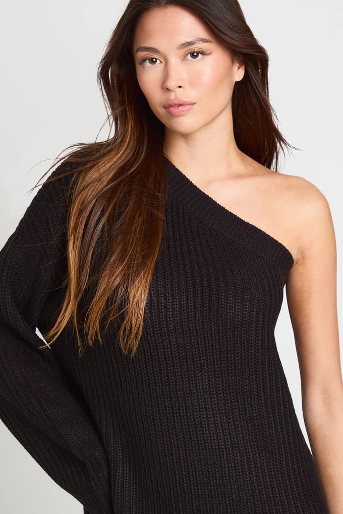 boohoo Dames Gebreide One Shoulder Mini Jurk | Zwart | Maat: Small