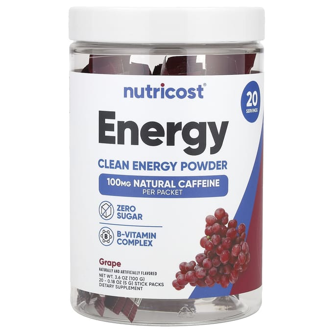 Nutricost, Énergie, Poudre d'énergie propre, Raisin, 20 sachets sticks, 5g (0,18 oz) chaque