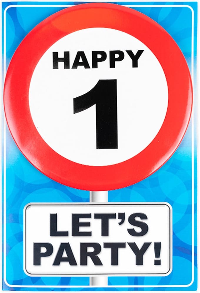Verjaardagkaart met button | Verkeersbord | Happy 1
