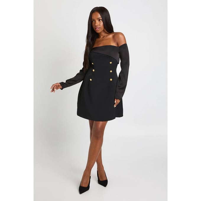 boohoo Dames Bardot lange mouwen getailleerde mini-jurk | Black | Maat: 10