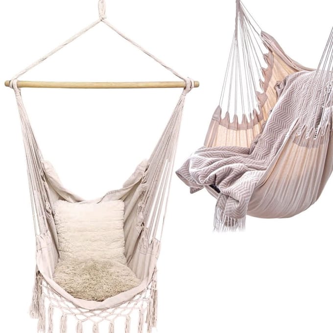 Ambiance Beige Katoenmix Braziliaanse Hangstoel Hangmat met Houten Stang 120 kg