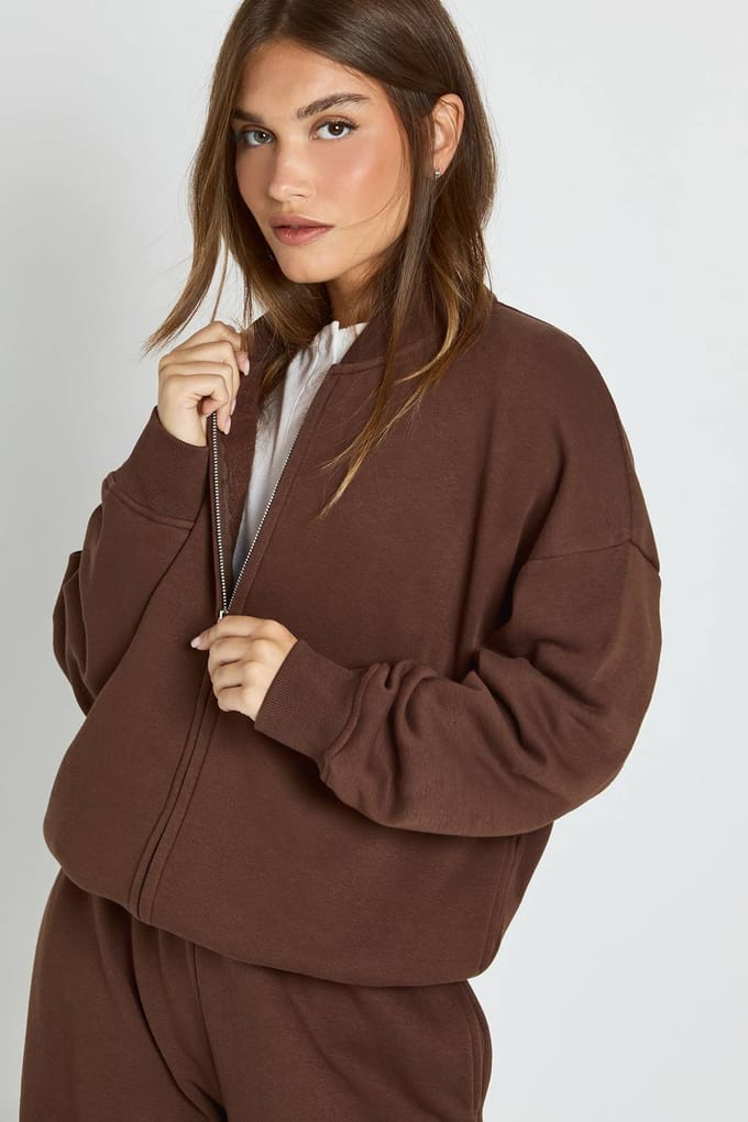 boohoo Dames Bomberjack Wide Leg Jogger Trainingspak | Chocolate | Maat: XL
