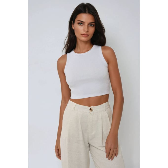 Ribbelgebreide Mouwloze Crop Top met Ronde Hals