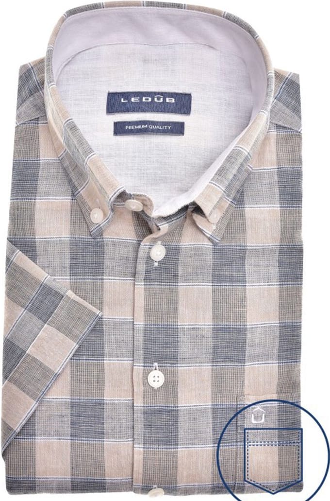 Ledub modern fit overhemd - korte mouw - lichtbruin - Strijkvriendelijk - Boordmaat: 44