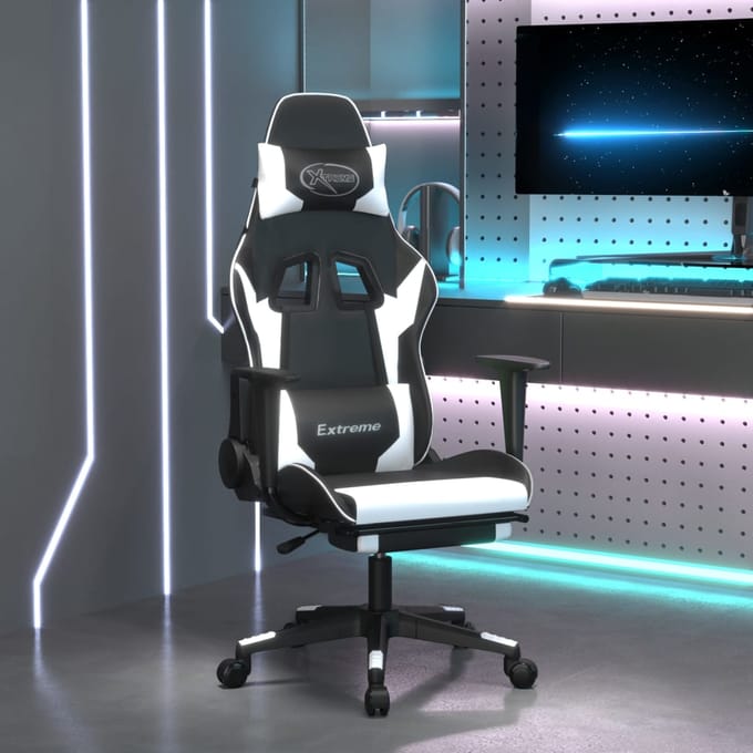 vidaXL - Massage - gamestoel - met - voetensteun - kunstleer - zwart - & - wit
