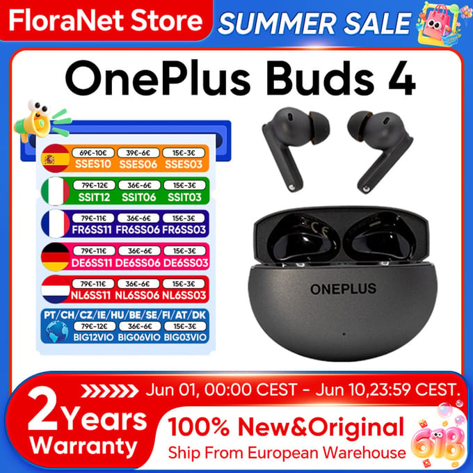 OnePlus Buds 4 TWS oordopjes met 55dB ANC, dubbele drivers, LHDC 5.0 Hi-Res, 45 uur batterijduur, Bluetooth 5.4, IP55 en AI-ruisonderdrukking tijdens gesprekken.