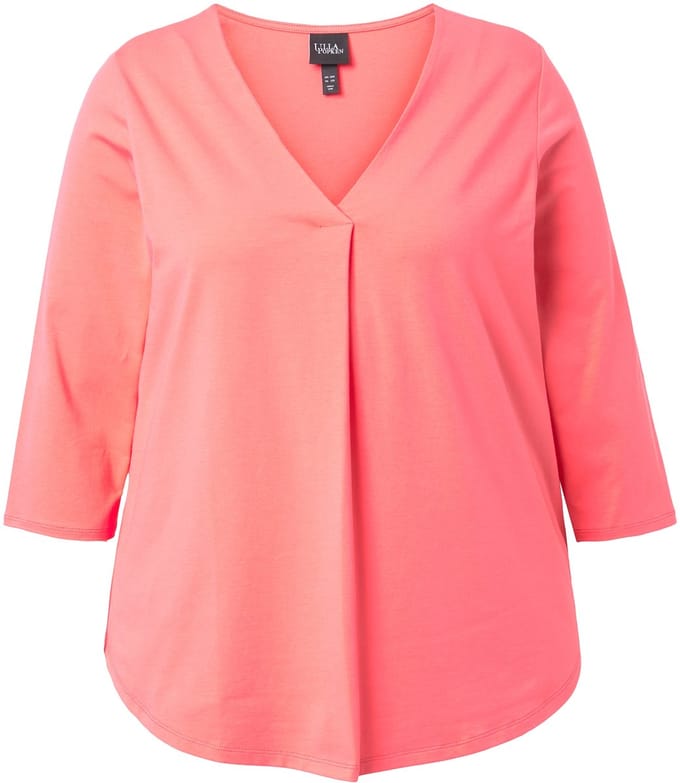 Ulla Popken - Dames - Shirt sierplooi A-lijn V-hals 3/4-mouwen - Koraal - Maat 46+