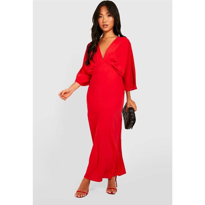 boohoo Dames Petite Schuine Snit Maxi Jurk met Engelenmouwen | Rood | Maat: 42