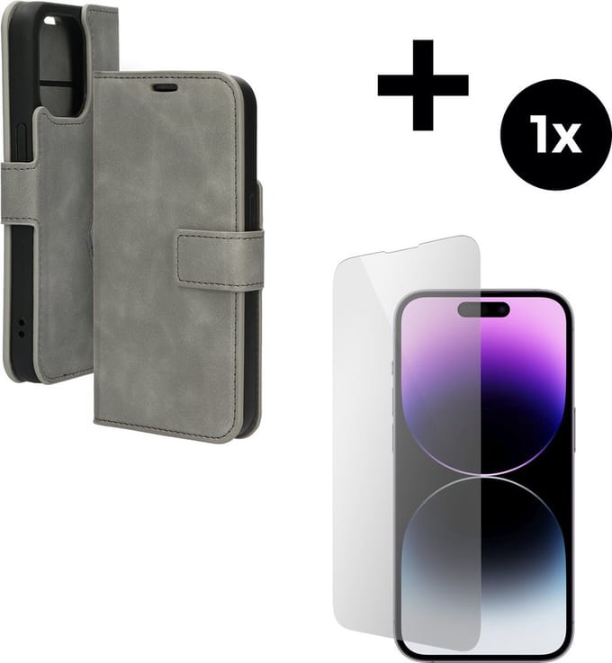 Mobiparts Classic Wallet hoesje geschikt voor Apple iPhone 14 Pro met 1 Screenprotector van Gehard Glas - Grijs