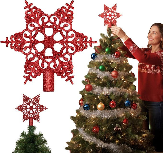 Rode, opengewerkte sneeuwvlok, kerstboomtop, glitterster, punt, kerstboomversiering 20 cm