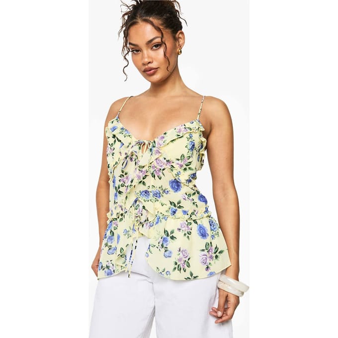 boohoo Dames Geweven Bloemenprint Ruffle Cami | Lemon | Maat: XS