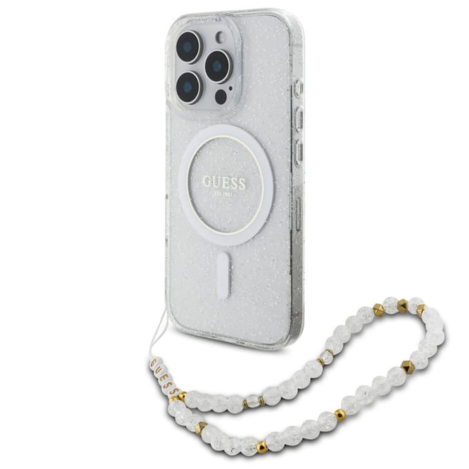 Guess MagSafe IML Glitter Case met beads strap voor de Apple iPhone 16 Pro - Transparent