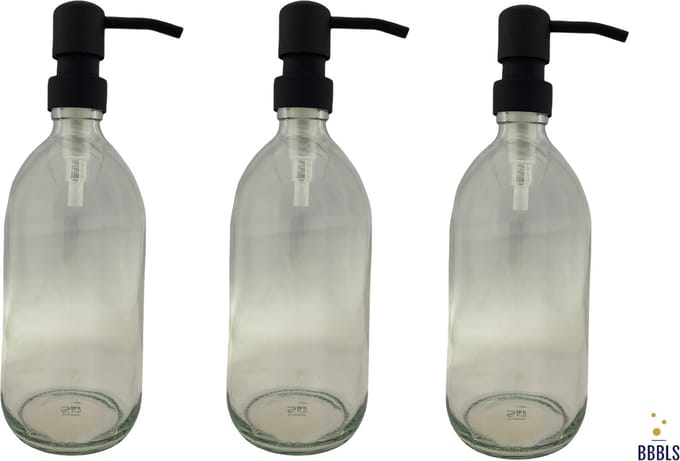 BBBLS® Design Dispenser 3 stuks Giftset "Blanco" | Transparant Glas | 500ml | RVS / Metaal Pomp Wit | Zeeppomp | Zeepdispenser | Zeephouder