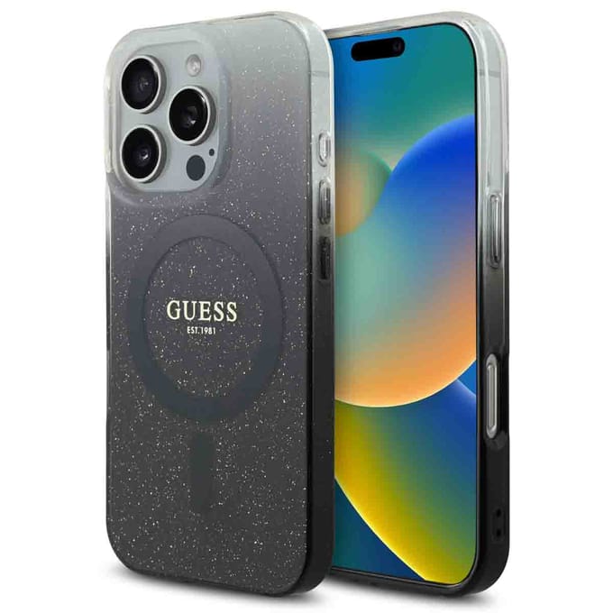 Guess geschikt voor MagSafe IML Glitter Gradient Case geschikt voor iPhone 16 Pro - Zwart