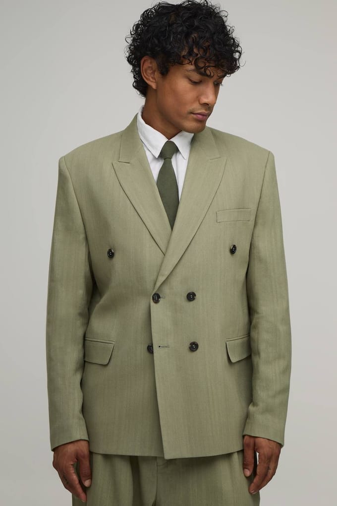 Linen Look Oversized Double Breasted Blazer | Olive | Size 46