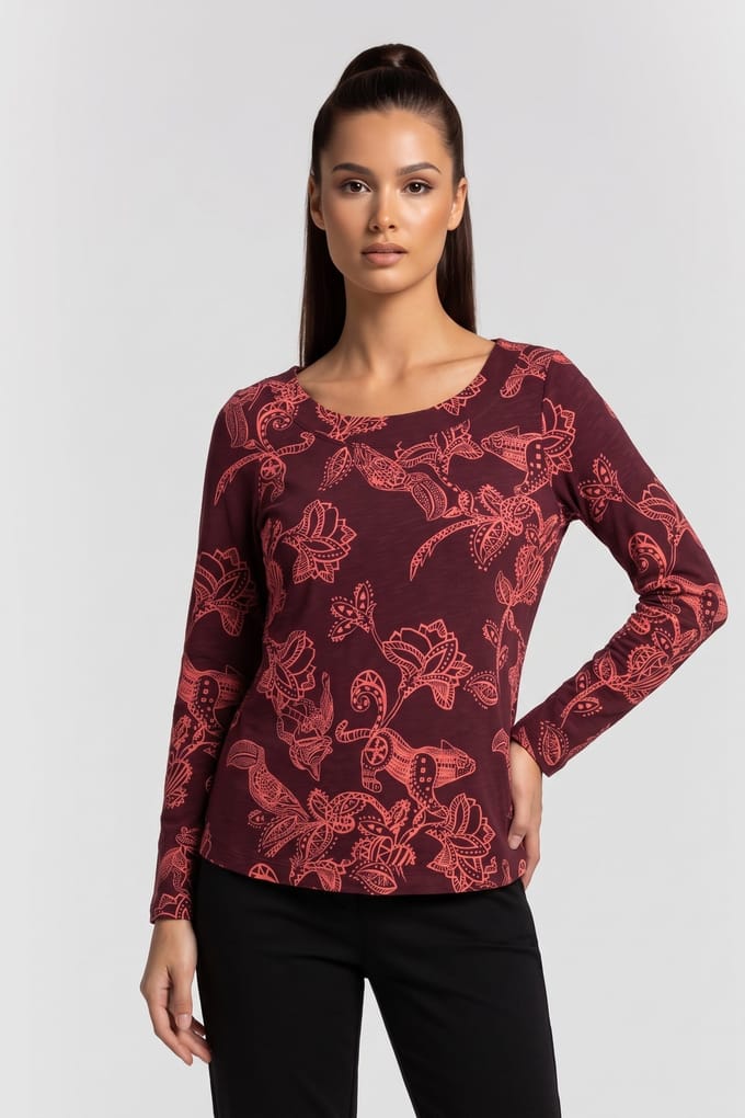 White Stuff Wendy Ls Tee Plum Print Größe: 12 | Longsleeves Outlet | Damen | Magenta