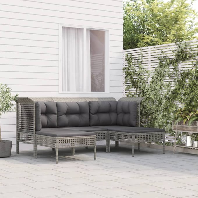 vidaXL - 5-delige - Loungeset - met - kussens - poly - rattan - grijs