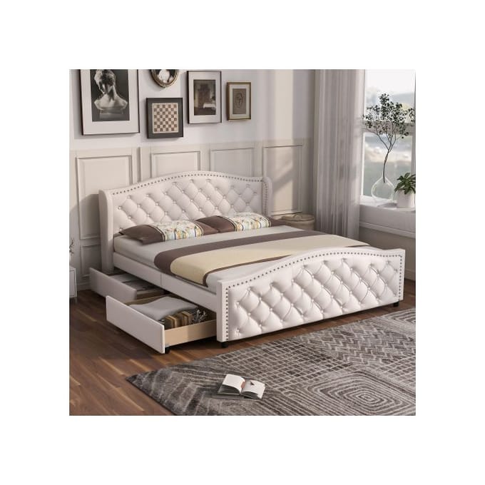 Gestoffeerd bed - MUVOE - 140 x 200 cm - 2 lades - Hoge hoofdbord - Hout en wit kunstleer wit
