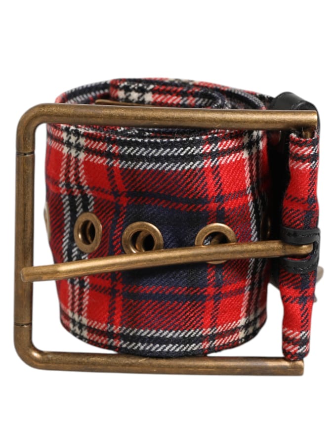 Dolce & Gabbana Rode Geruite Stof Logo Plaat Messing Gesp Riem