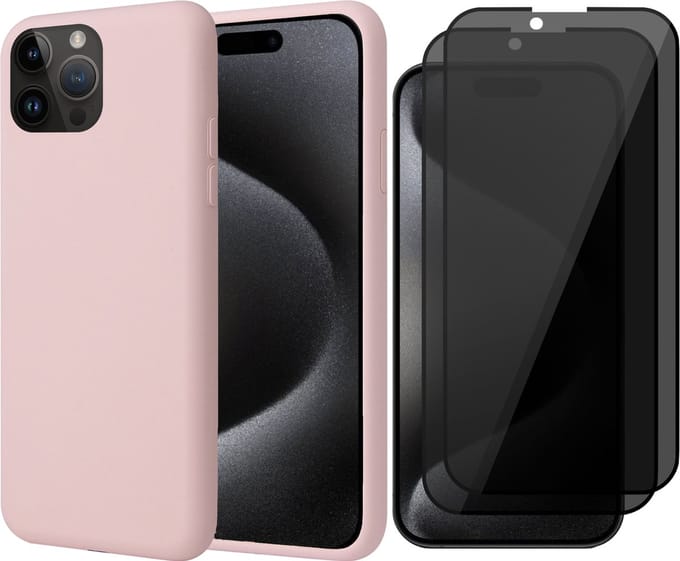Hoesje geschikt voor iPhone 15 Pro Max - 2x Privacy Screen Protector FullGuard - Back Cover Case SoftTouch Roze & Screenprotector