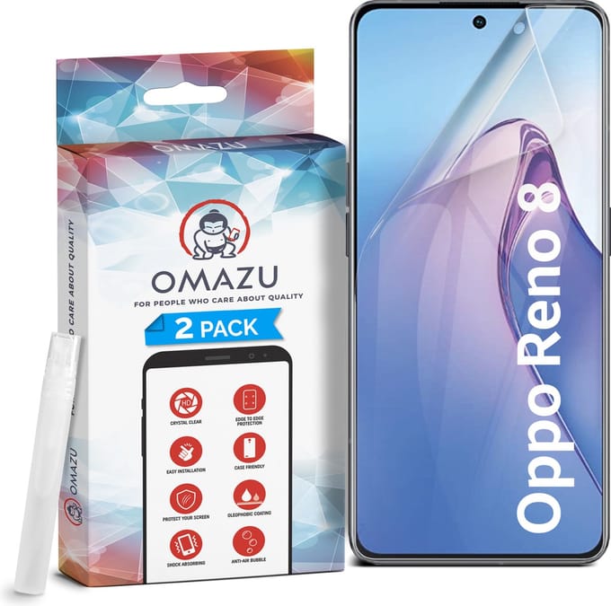 Oppo Reno 8 OMAZU 3D Flex TPU Screenprotector, 2 Pack (100% vingerafdruk scanner compatible) met kras herstellende coating, Edge to Edge bescherming