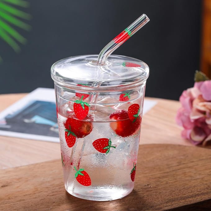 Heat resisting Clear Strawberry Pattern Coffee Juice Drinking Water Glass Cup with Straw Lid gray