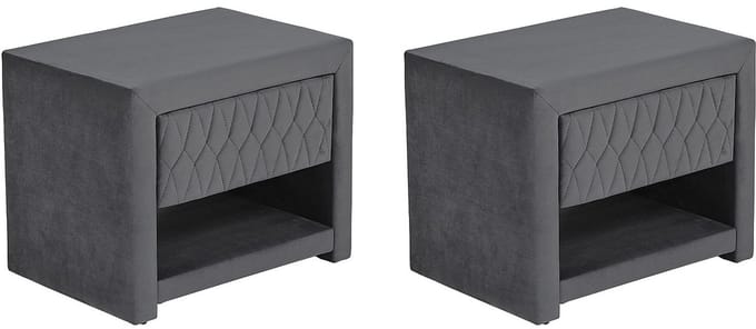 Vente-unique Set van 2 nachtkastjes – 1 lade en 1 opbergvak – Fluweel – Grijs – DANIELE