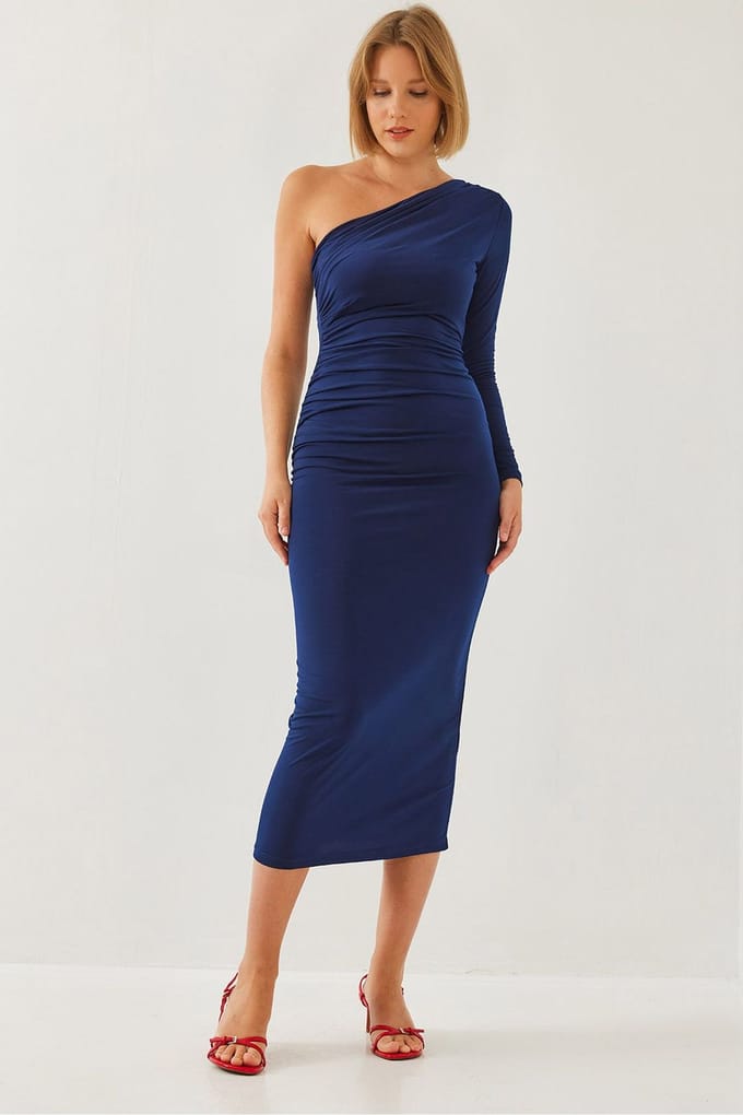 Asymmetrische Kraag Rimpel Midi Jurk