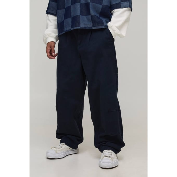 Balloon Fit Half & Half Tailleband Gewassen Twill Broek | Dark Navy | Size Small