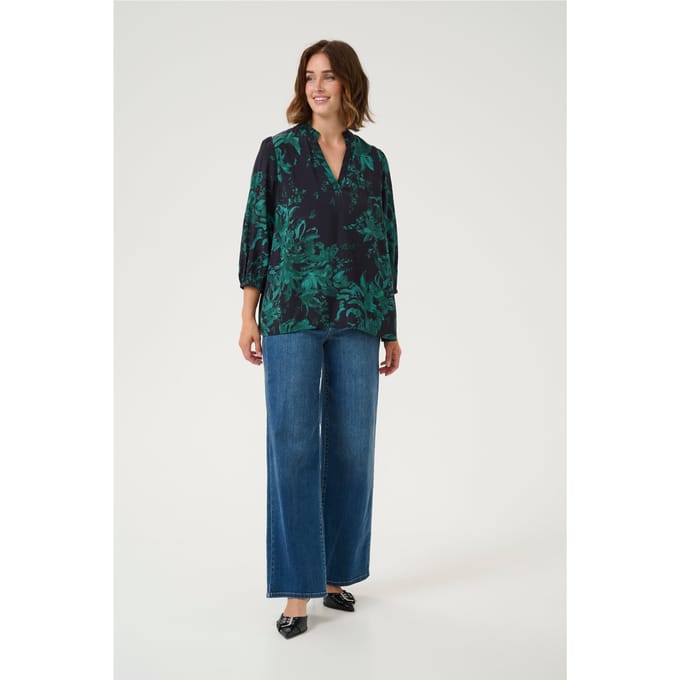 Blouse met lange mouwen A-shape Black/Green Painted Flower floral