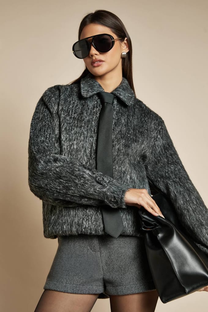 boohoo Dames Bomber met premium wollook | Charcoal | Maat: 10