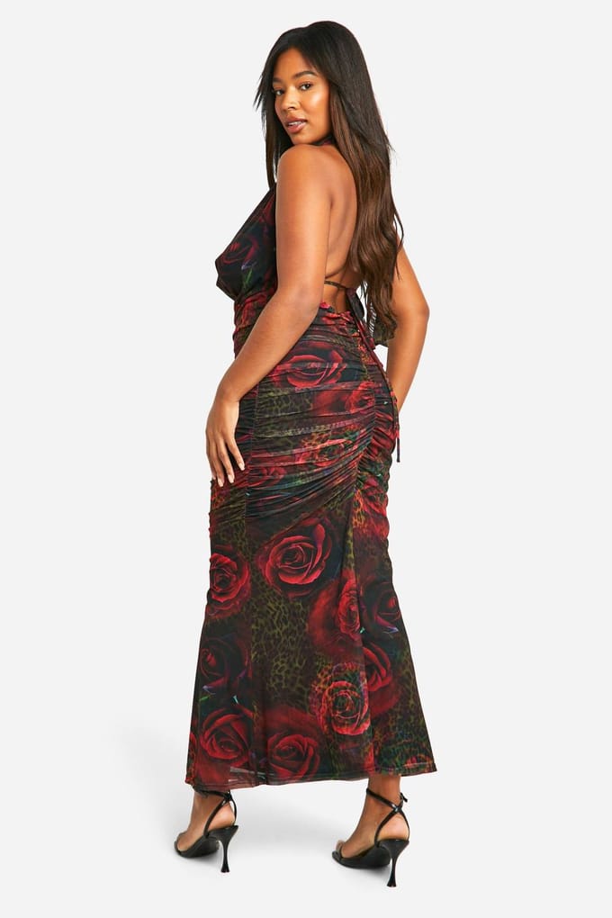 boohoo Dames Plus Animal Floral Printed Halterneck Ruched Maxi Jurk | Leopard | Maat: 28