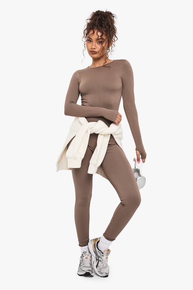 Dames Boohoo Basics Naadloze Rib Long Sleeve Top | Mocha | Maat: Large