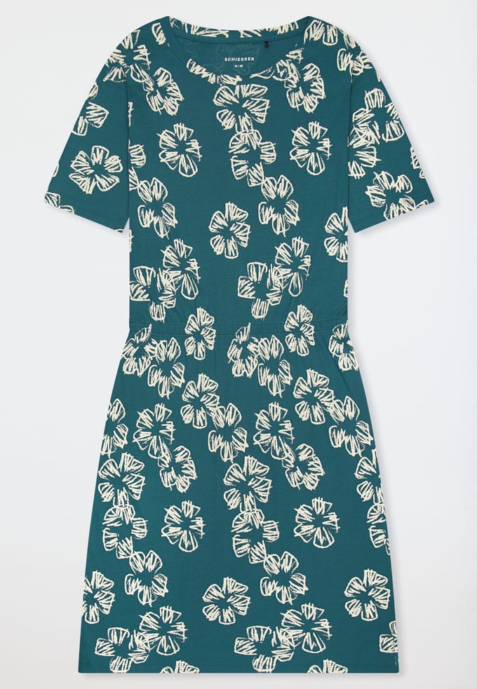 Nachthemd met korte mouwen, interlock, elastische tailleband, bloemenmotief, groen - Modern Nightwear 48