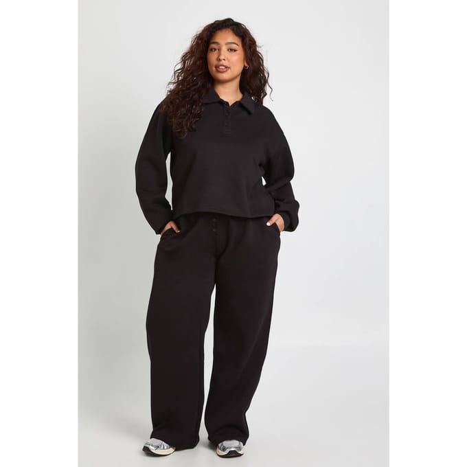 boohoo Dames Plus Button Down wijde pijp joggers | Black | Maat: 20
