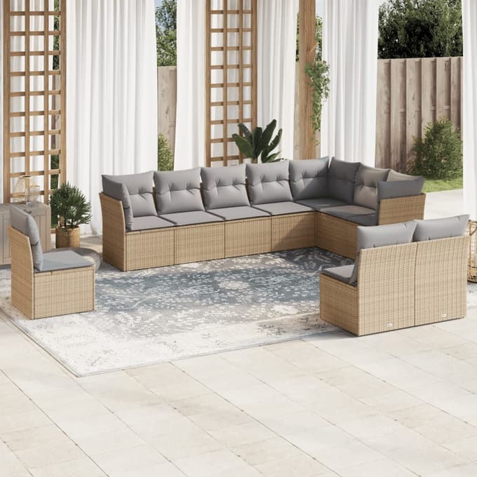 vidaXL - 10-delige - Loungeset - met - kussens - poly - rattan - beige