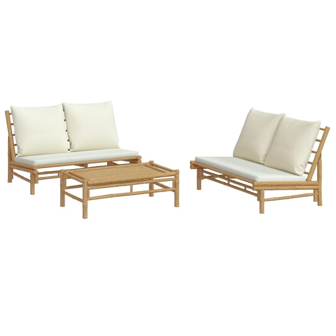 vidaXL - 3-delige - Loungeset - met - kussens - bamboe - crèmewit