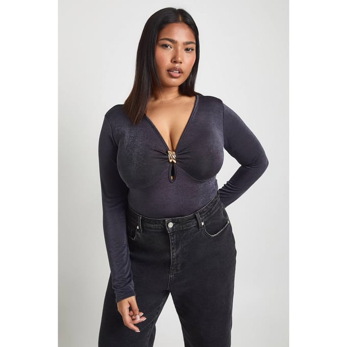 boohoo Dames Plus Bodysuit Met Gouden Afwerking En Sleutelgat Decollete | Houtskool | Maat: 46