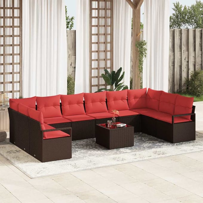 vidaXL - Tuinbank - Set - 11 - st - Bruin - en - Rood - poly - rattan