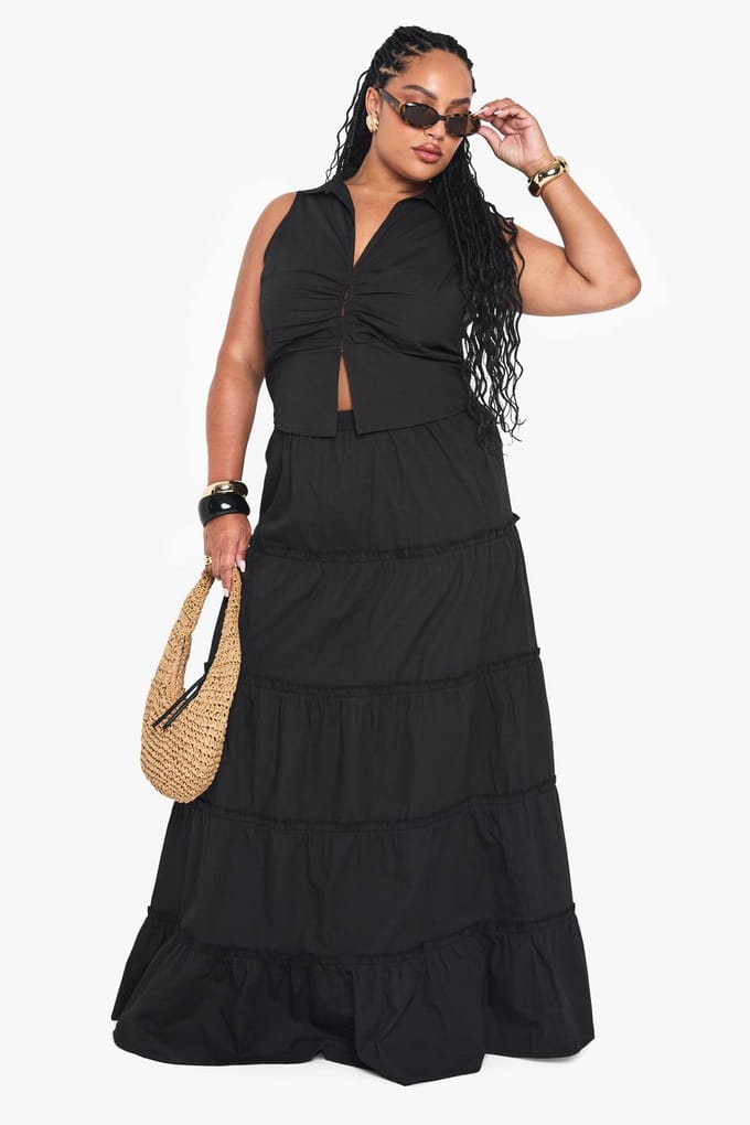 boohoo Dames Plus Vest met Geplooide Details | Zwart | Maat: 44