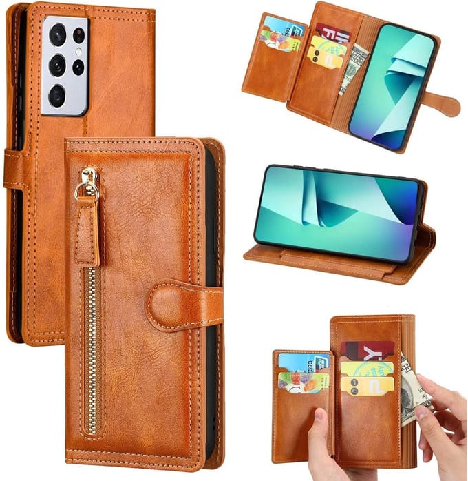 Bookcase Hoesje Geschikt voor: Samsung Galaxy S21 Plus met ritssluiting - Flipcover - Magnetisch - 5 kaarten houder - Lichtbruin