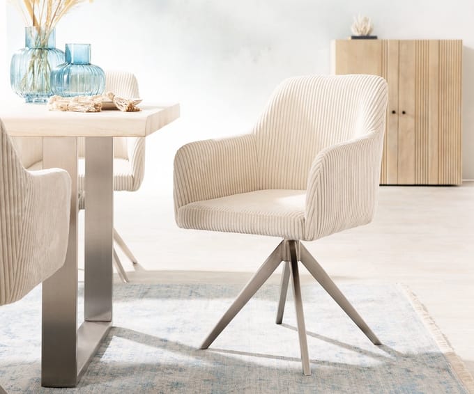 Gestoffeerde-stoel Greg-Flex kruisframe hoekig roestvrij staal koord beige pocketveer kern