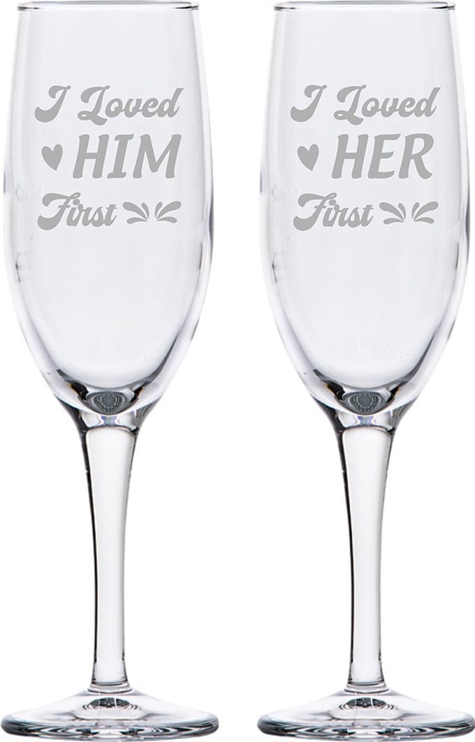 Gegraveerde set Champagneglazen 16,5cl I loved him first - I loved her first