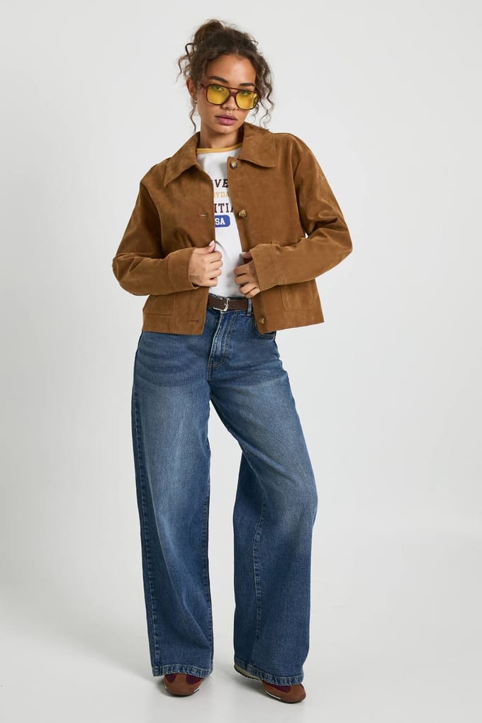 boohoo Dames Jas met kraag en knopen in suede-look | Tan | Maat: 44