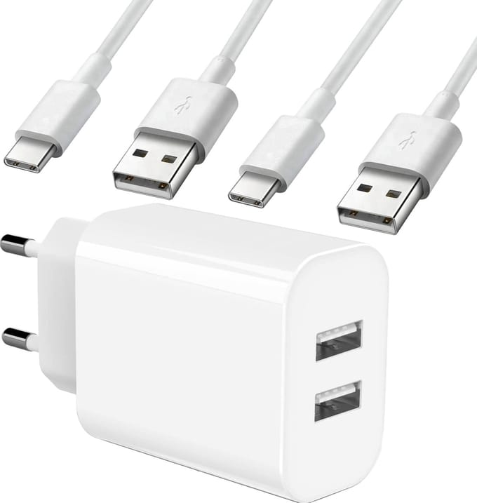 USB Adapter met 2x USB-C Kabel - 1 Meter - Wit - Oplader & Oplaadkabel voor S21,Tab S7,Tab A8,Tab S6 Lite, A52, A53, A51, A13, S22, S21, S10 - Combi pakket